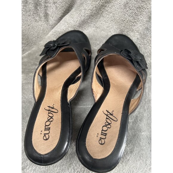 Eurosoft by Sofft Women’s Size 10M Black Leather Wedge Flower Sandals Slide - Picture 12 of 13